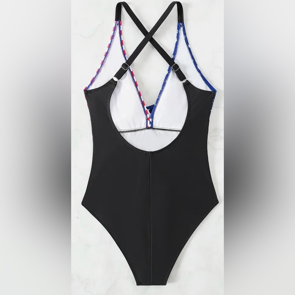 American Flag Stars Stripes V Neck Swimsuit - Picture 3 of 8